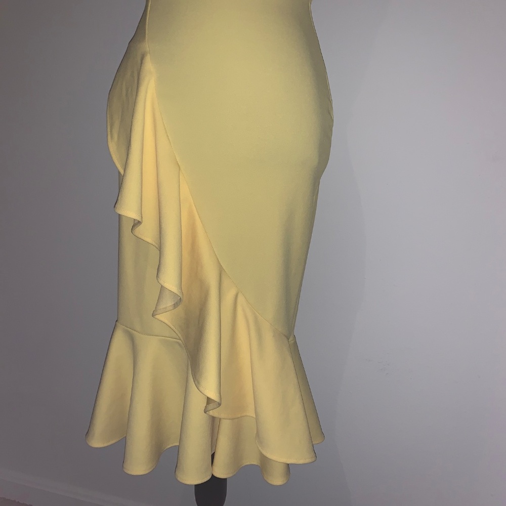 Yellow Ruffle Hem Midi Occasion Dress. - Picture 2 of 6